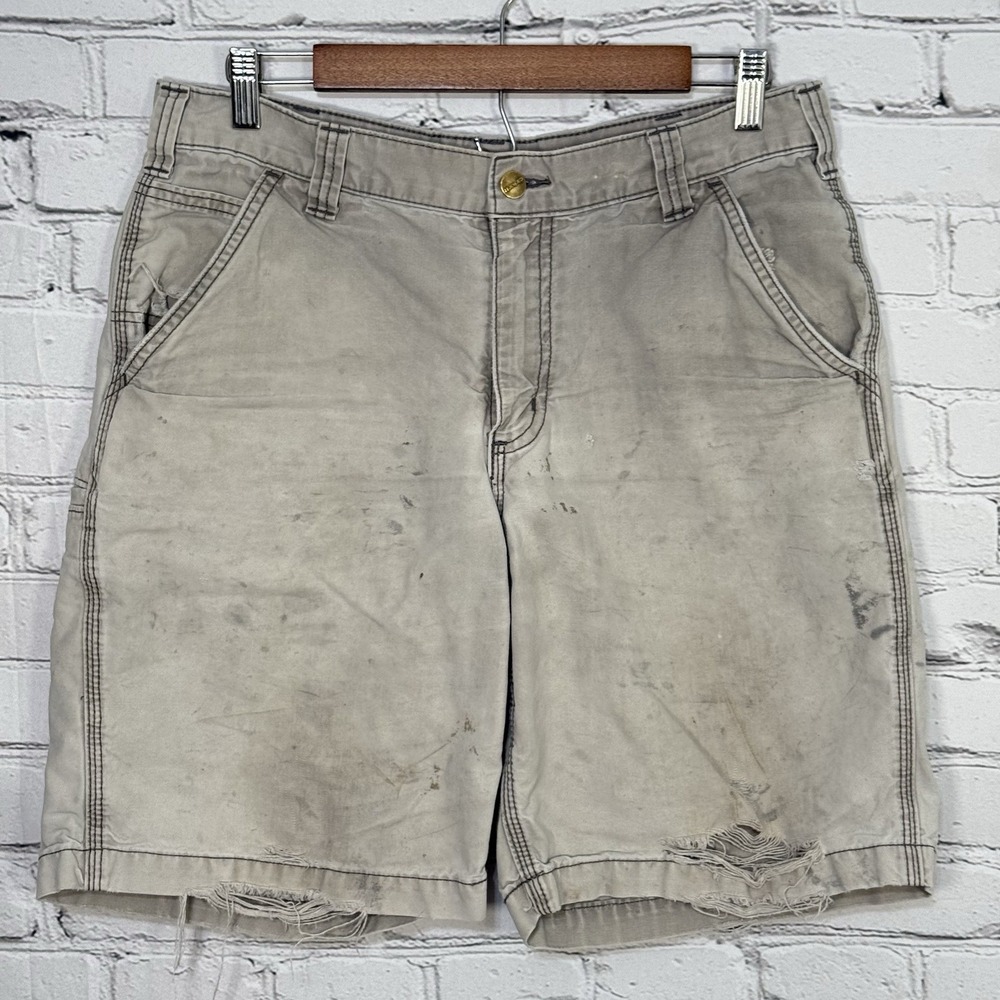 CARHARTT‎ Mens 32 Shorts Gray Relaxed Fit Thrashed Distressed Canvas Work Grunge